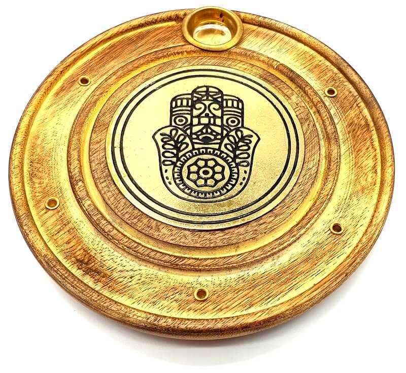 Porta incenso in legno rotondo Mano di Fatima 10 cm