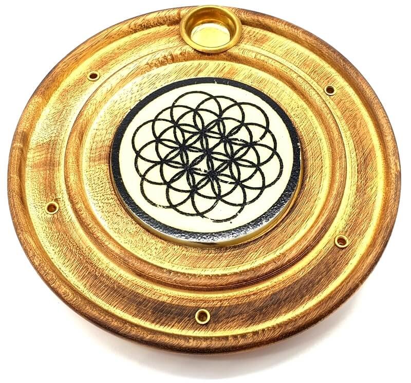Porta incenso rotondo in legno Seed of Life 10 cm