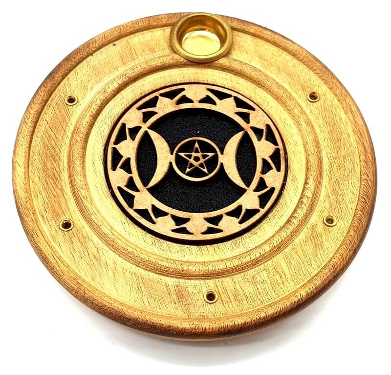 Porta incenso in legno rotondo Triple Moon 10 cm