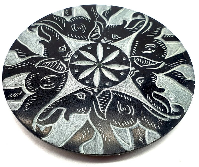 Porta incenso rotondo in pietra 4 elefanti 10 cm