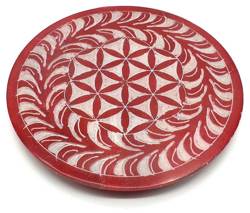 Porta incenso in pietra rotonda Fiore della vita rosso 10 cm