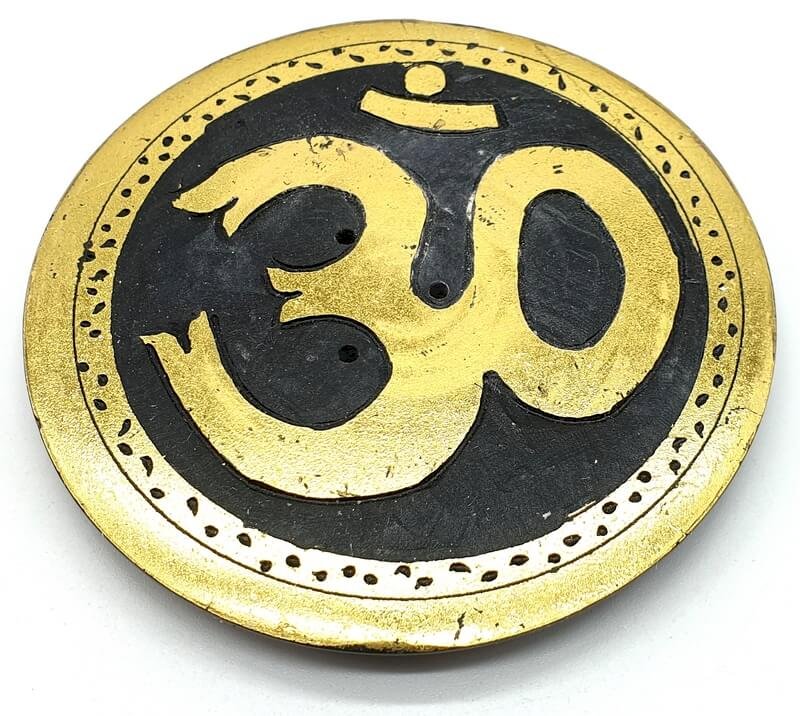 Porta incenso in pietra rotonda OM oro 10 cm