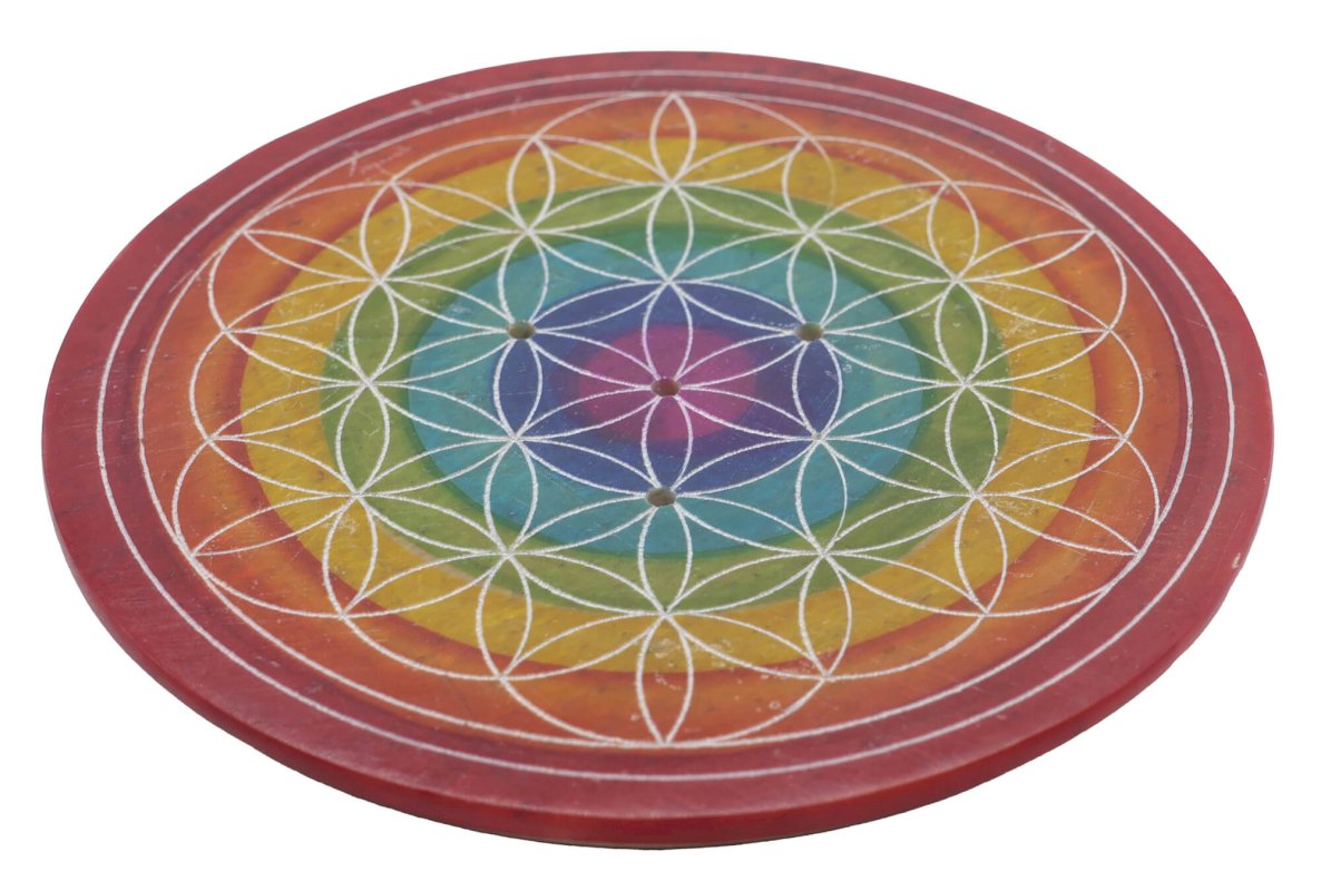 Porta incenso rotondo in pietra Fiore della Vita Sfumato 10 cm