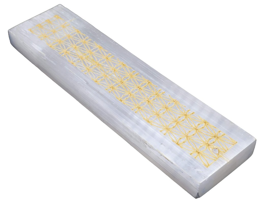 Selenite Flower of Life Portaincenso dorato 15cm