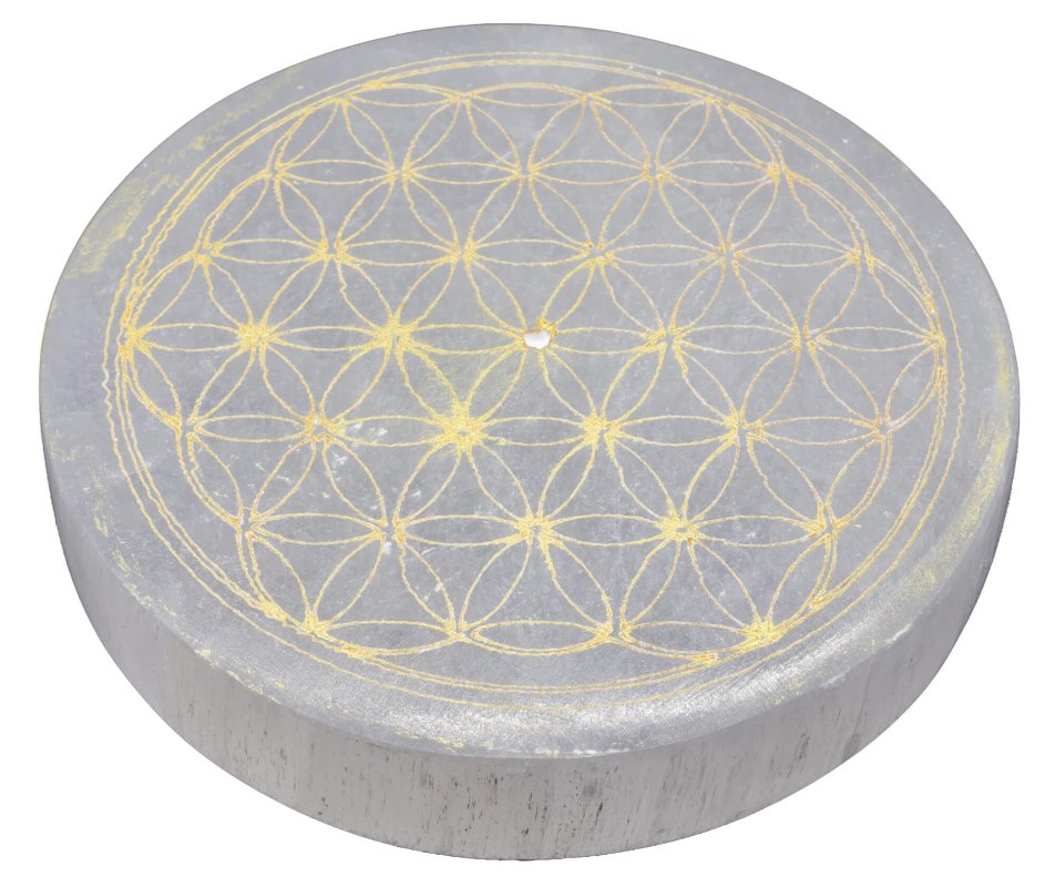 Selenite Flower of Life Portaincenso dorato 10cm