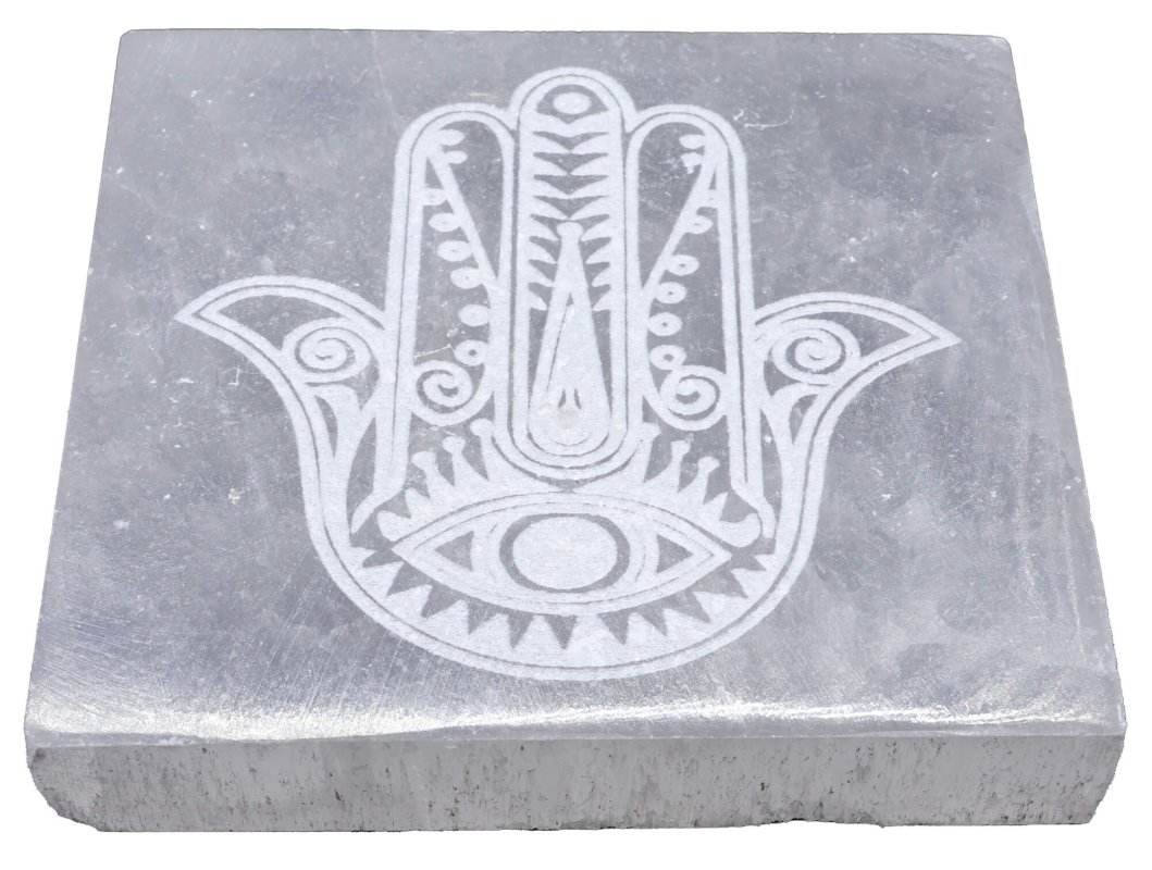 Portaincenso quadrato in selenite Mano di Fatima 10cm