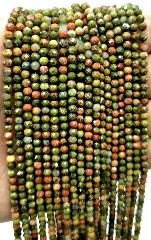 Perle sfaccettate Unakite 3 mm su un filo di 40 cm