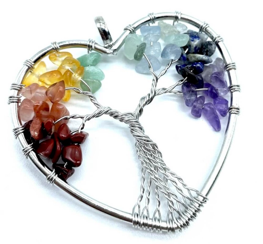 Ciondolo a cuore con 7 chakra dell'albero della vita da 4 cm - placcato argento