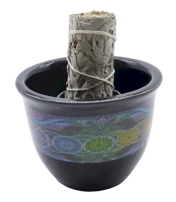 Ciotola per fumigazione in ceramica 7 chakra nera 9 cm