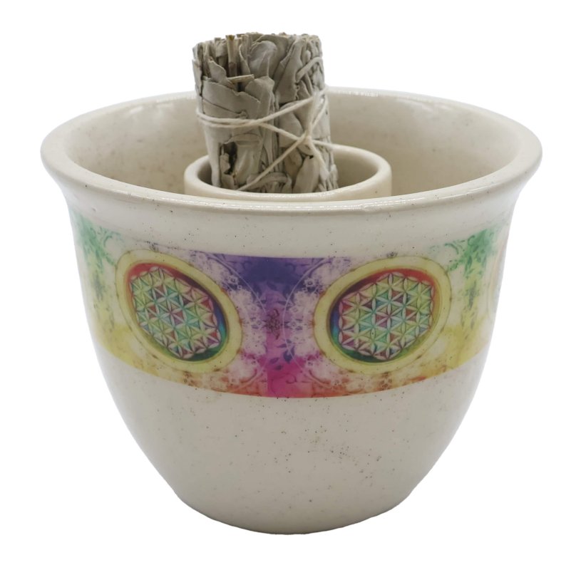 Ciotola per fumigazione in ceramica Fiore della Vita Bianca 13 cm