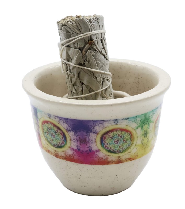 Ciotola per fumigazione in ceramica Flower of Life bianca 9 cm