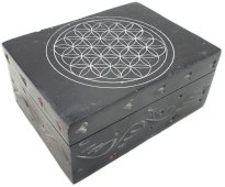 Portagioie in pietra rettangolare Fiore della vita da 10 cm