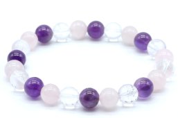 Bracciale Ametista, Cristallo, Quarzo Rosa perle 8mm