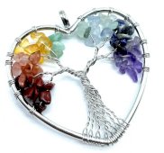 Ciondolo a cuore con 7 chakra dell'albero della vita da 4 cm - placcato argento